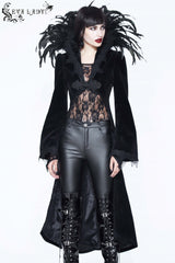 Black Feathered Collar Long Sleeves Bowknot Women's Gothic Tailcoat - Product - 5