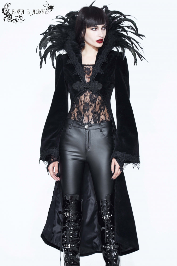 Black Feathered Collar Long Sleeves Bowknot Women's Gothic Tailcoat - Product - 5