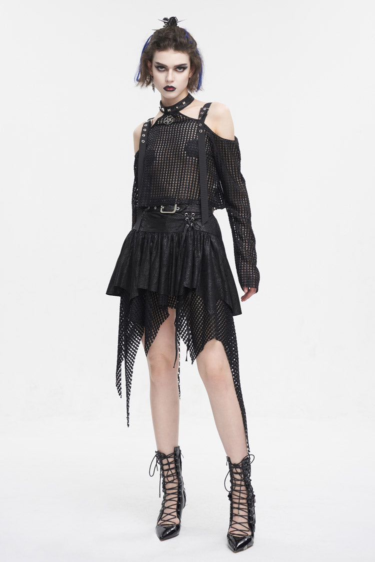 Black Lrregular Mesh Splice Buckle Women's Gothic Skirt - Product - 5