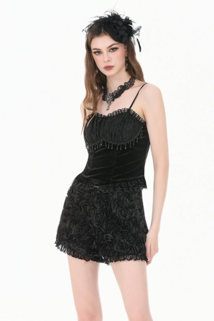Black 3D Floral Jacquard Lace-Trimmed Women's Gothic Mini Shorts - Product - 2