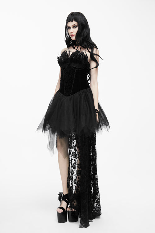 Black Gothic Wedding Strapless Feathered Sexy Velveteen Womens Dress With Rose Lace Tail - Product - 3