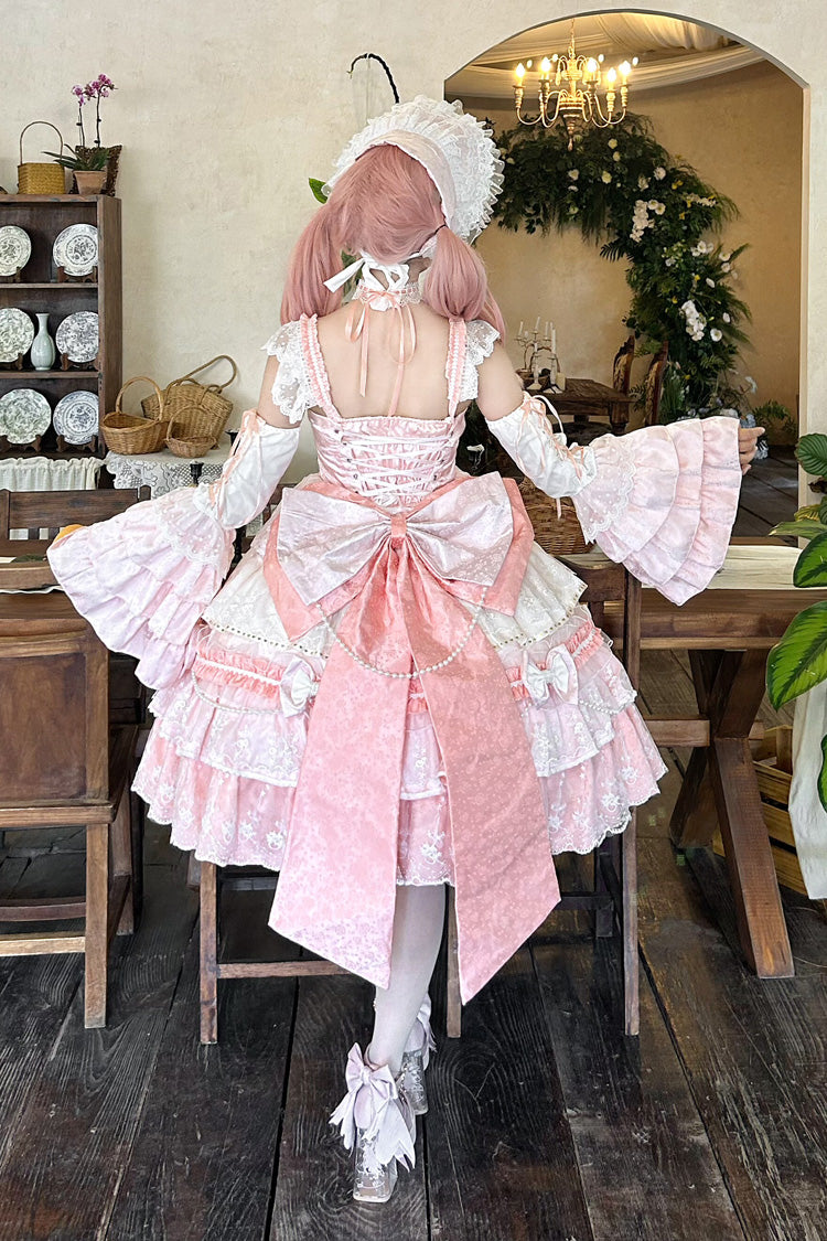 Pink [Falling Sakura] Multi-Layered Ruffled Hanayome Bow Lace Sweet Plus Size Princess Lolita Jsk Dress - Product - 4