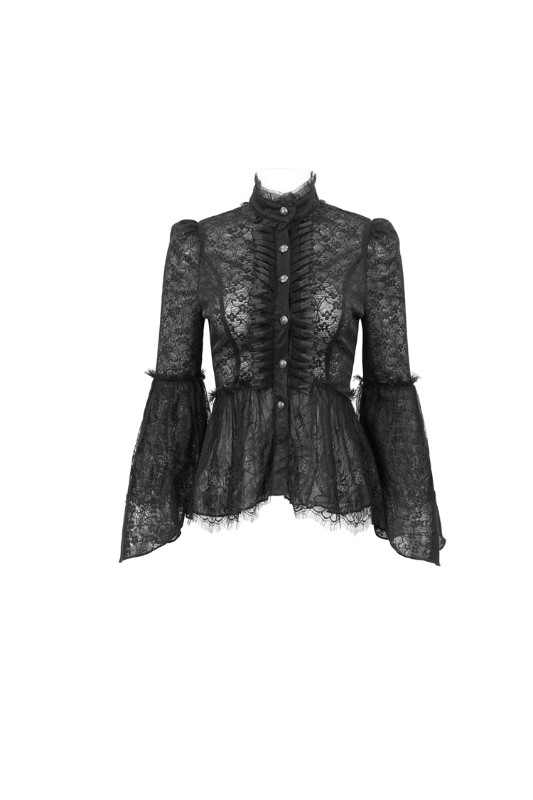 Black Lace Round Collar Flared Sleeved Women's Gothic Shirt - Product - 6