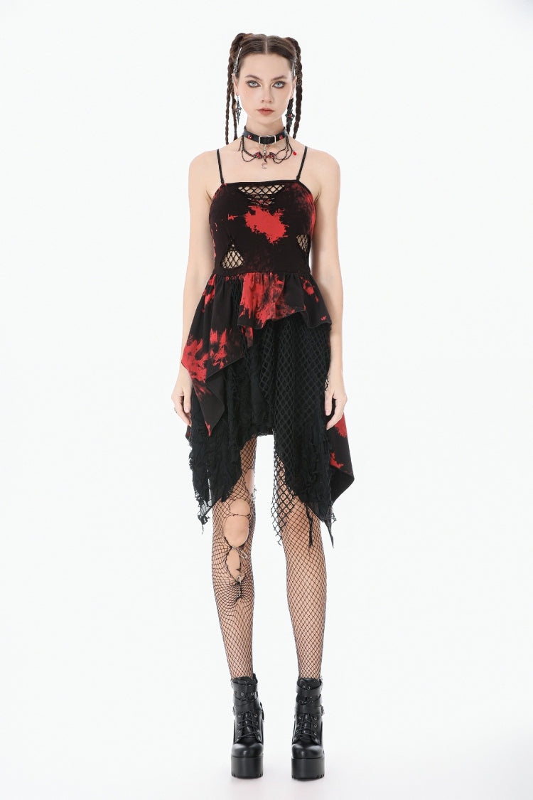 Black/Red Sleeveless Irregular Mesh Tie Dye Women's Punk Slip Dress - Product - 8