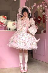 White/Pink Sleeveless Flower Wall Print Ruffle Bowknot Lace Sweet Lolita Jsk Dress - Product - 5