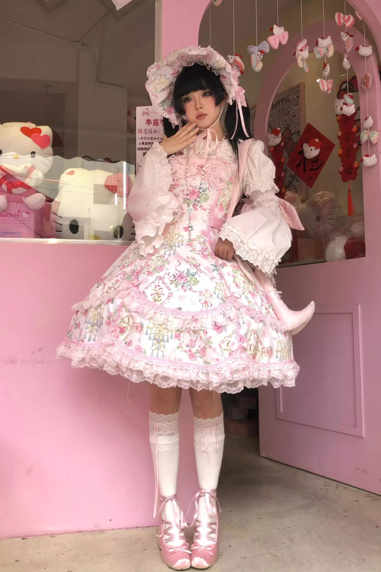 White/Pink Sleeveless Flower Wall Print Ruffle Bowknot Lace Sweet Lolita Jsk Dress - Product - 5