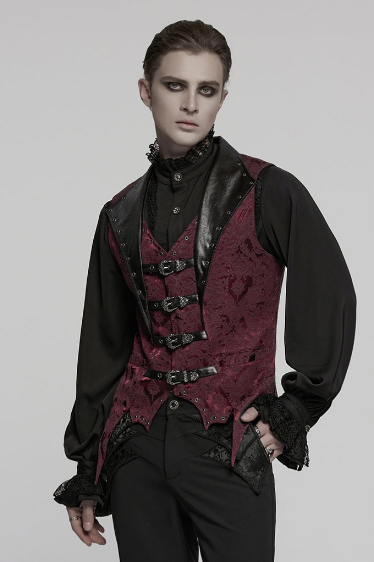 Black/Red Lapel V-neck Sleeveless Jacquard Buckle Men's Gothic Vest - Product - 2