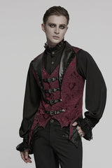 Black/Red Lapel V-neck Sleeveless Jacquard Buckle Men's Gothic Vest - Product - 2