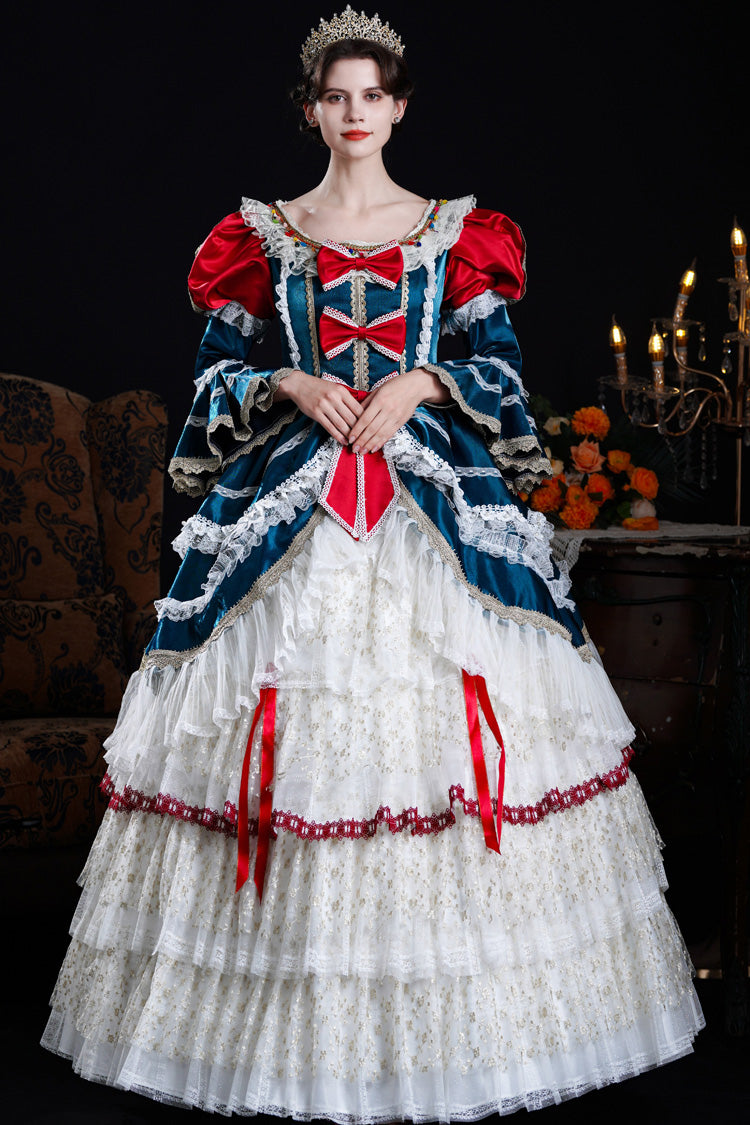 Blue/Ivory Round Collar Long Hime Sleeves Triple-Layered Ruffled Open-Front Bow Lace Classic Vintage Palace Lolita Victorian Dress - Blue/Ivory - 1