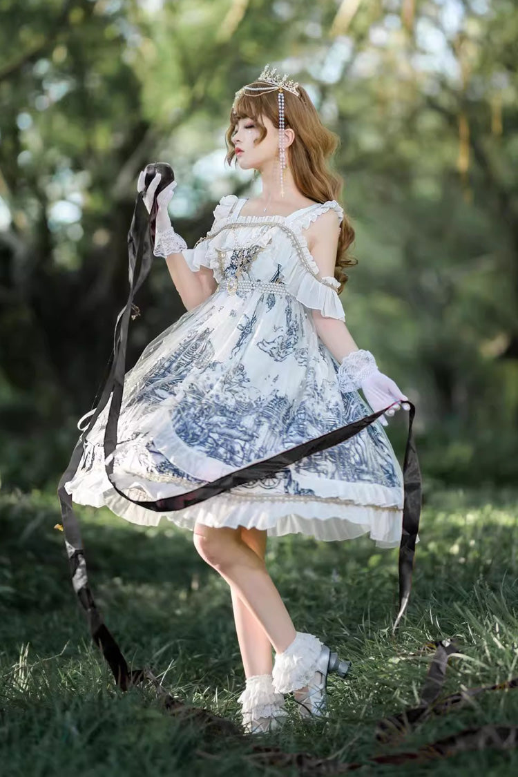 White [Castle Feast] Print Ruffle Bowknot Gothic Princess Lolita Jsk Dress - Product - 6