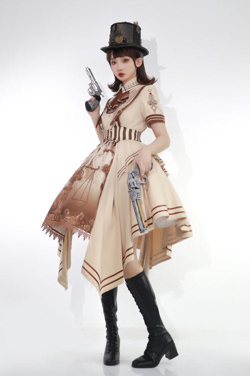 Beige British Style Short Sleeves Libra Print Cardigan Sweet Lolita Dress - Product - 4