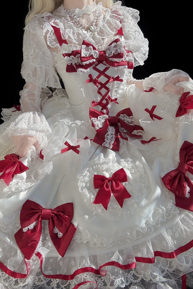 White/Red [Sweetheart] Sleeveless Multi-Layered Embroidered Bow Lace Lace-Up Sweet Lolita Jsk Dress - Product - 9