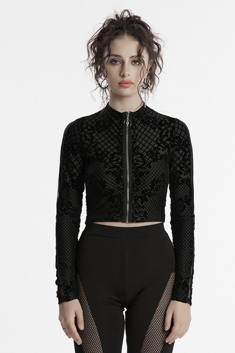 Black Long Sleeves Flocking Mesh Zipper Women's Gothic Jacket - Black - 1