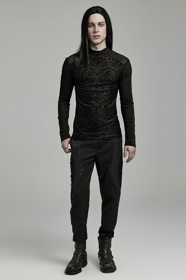 Black Stand Collar Long Sleeves Embroidery Cross Flocking Men's Gothic Blouse - Product - 4