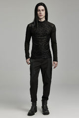 Black Stand Collar Long Sleeves Embroidery Cross Flocking Men's Gothic Blouse - Product - 4