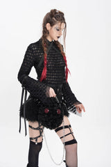 Black Stand Collar Long Sleeves Mesh Buckle Straps Women's Punk Blouse - Product - 3