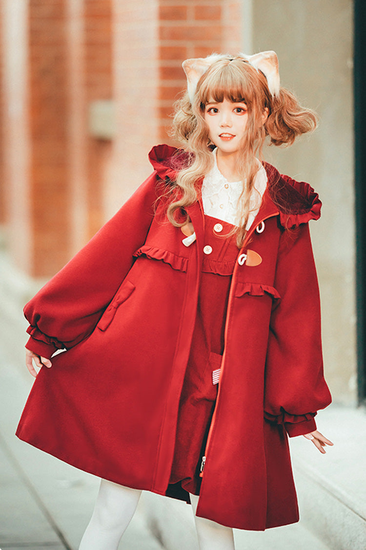 Red Cat Tail Long Sleeves Ruffle Bowknot Hooded Sweet Lolita Coat - Red - 1