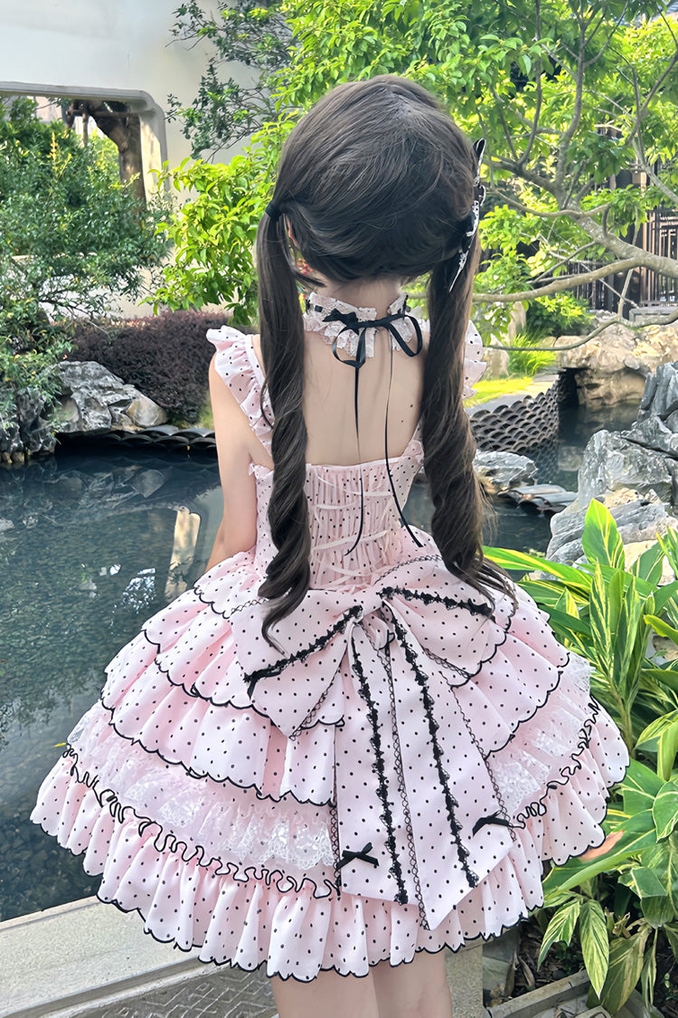 Pink Sleeveless Multi-Layered Polka Dots Printed Ruffled Bow Sweet Princess (Dress Only) detail view 6