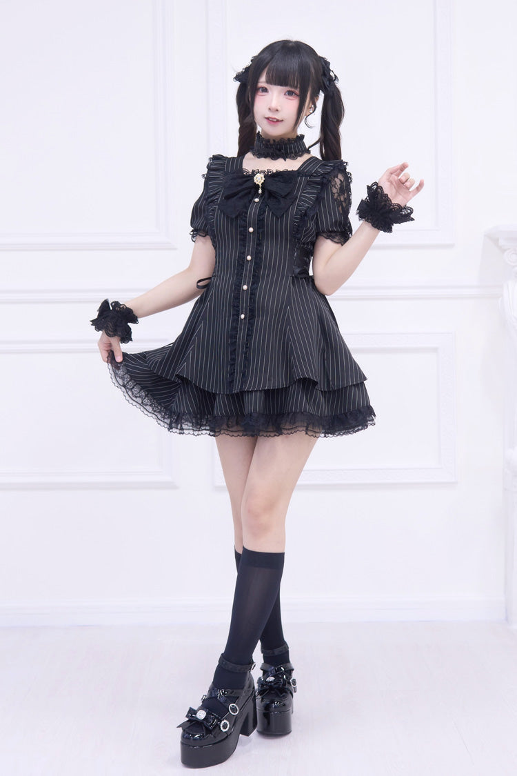Black [Waltz] Short Sleeves Stripe Print Ruffle Bowknot Gothic Jirai Kei Japanese Dress Set - Product - 4