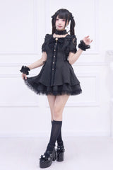 Black [Waltz] Short Sleeves Stripe Print Ruffle Bowknot Gothic Jirai Kei Japanese Dress Set - Product - 4