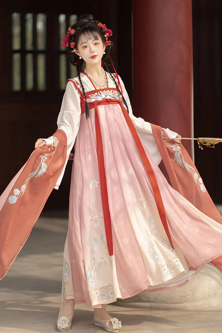 Pink Trumpet Sleeves High Waisted Print Embroidery Sweet Chinese Style Hanfu Dress Full Set - Product - 3