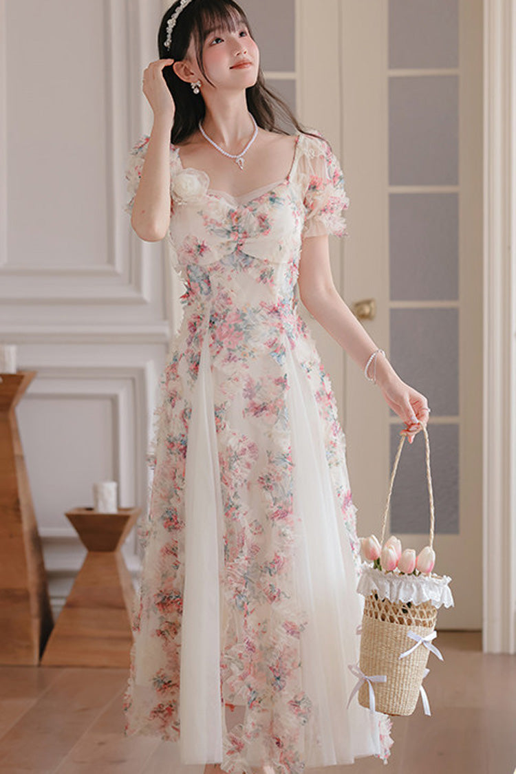 White Floral Pattern Square Collar Short Puff Sleeves Ruffled Open-Front Spliced Sweet Lolita Dress - Product - 11