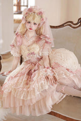 Pink [Diane Rose] Short Sleeves Multi-Layered Jacquard Ruffle Hanayome Cardigan Bowknot Lace Sweet Lolita Dress - Product - 3