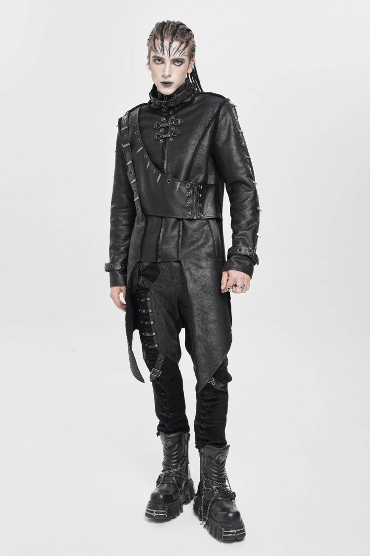 Black Stand Collar Rivet Buckle Zipper Men's Punk Coat - Product - 9