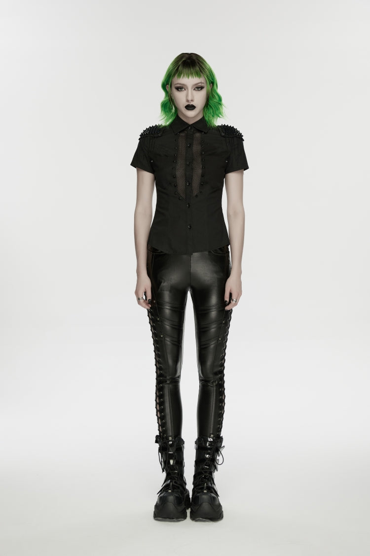 Black Studded Women's Punk  Drawstring Leggings - Black - 1