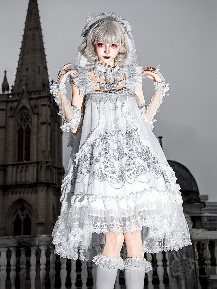 Gothic White Candle Print Waistless Lolita JSK Dress with Lace Details + Choker + Candle Embroidered Brooch Set - view 6