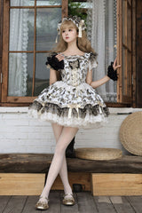 Cream [Golden Spirit • Dream Butterfly] Sleeveless Print Ruffle Bowknot Lace-Up Sweet Princess Lolita Jsk Dress Set - Product - 10