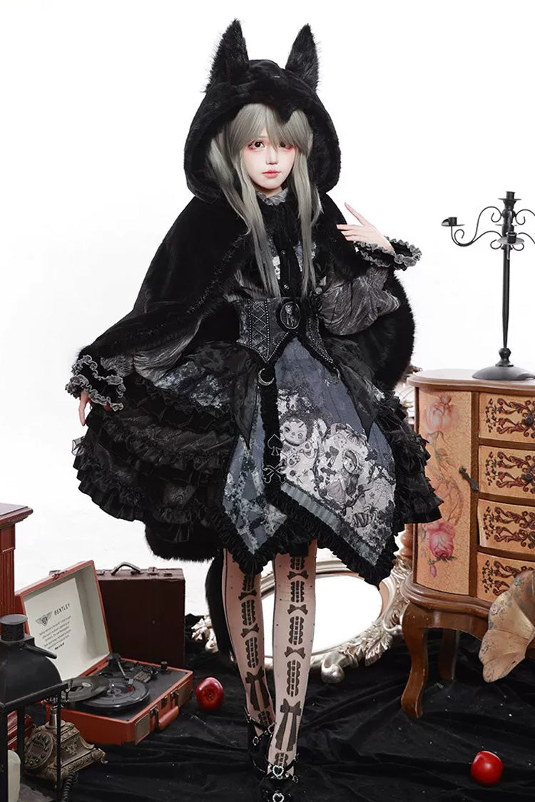 [Werewolf] Fairy Tale Lapel Collar Long Sleeves Printed Ruffled Open-Front Lace Heavy-Detailed Gothic Lolita Skirt Set (Red, Grey, Purple) - Product - 27