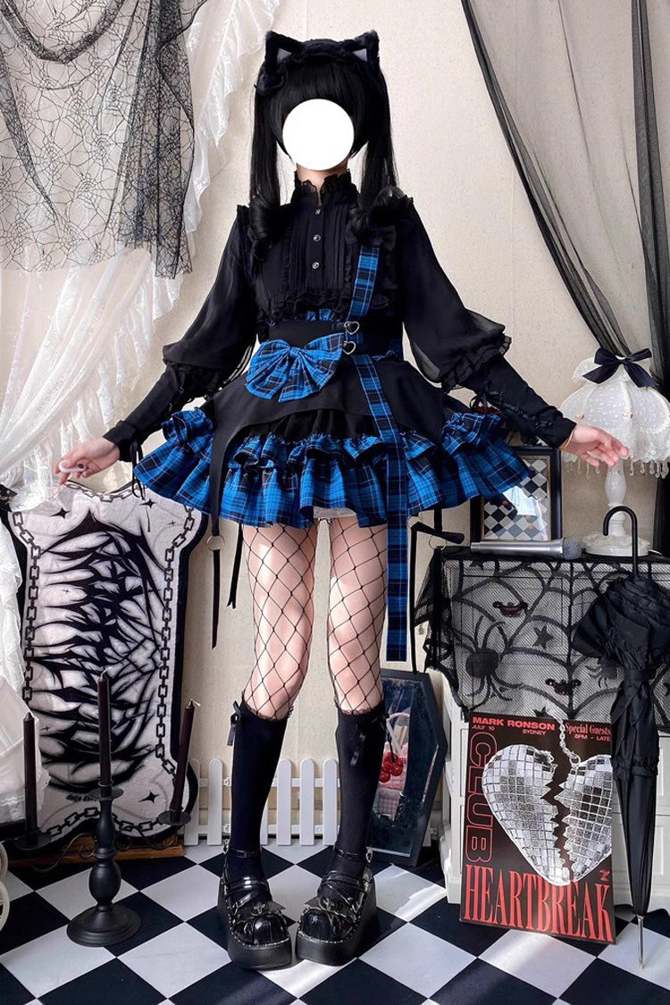 Electronic Kitten Dark Girl Multi-layer Plaid Print Ruffle Bowknot Gothic Lolita Skirt 3 Colors - Product - 2