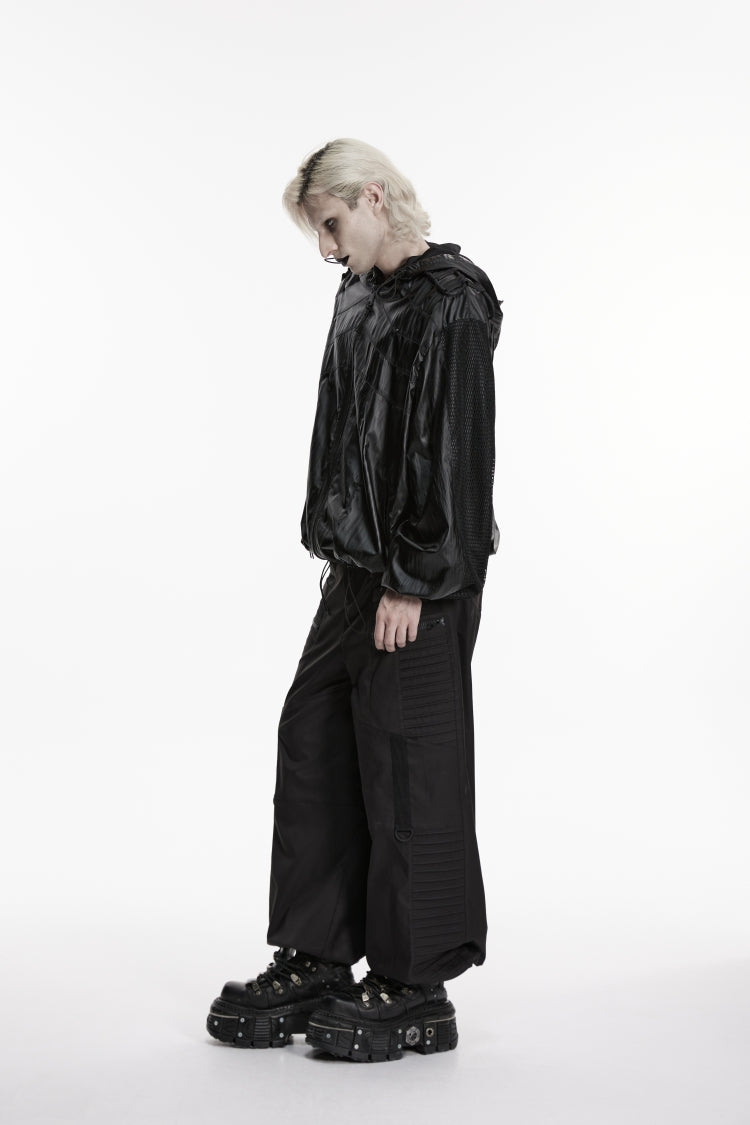 Black Lapel Collar Long Lantern Sleeves Lace-Up Hooded Mesh Zippered Men's  Punk Cool Jacket - Product - 9