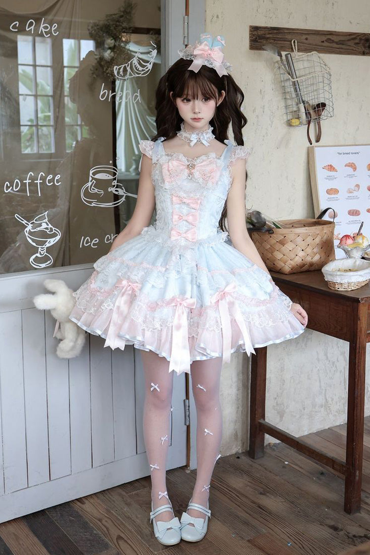 Blue [Candy Satin Ballet] Square Collar Sleeveless Multi-Layered Ruffled Bow Lace Pearl Detail Sweet Lolita Jsk Dress - Product - 5