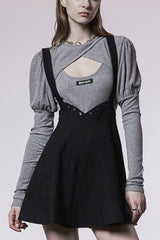 Black Future Series Metal Buttonhole Decoration Collect Waist Swing Hem Cat Ear Women's Gothic Skirt - Black - 1