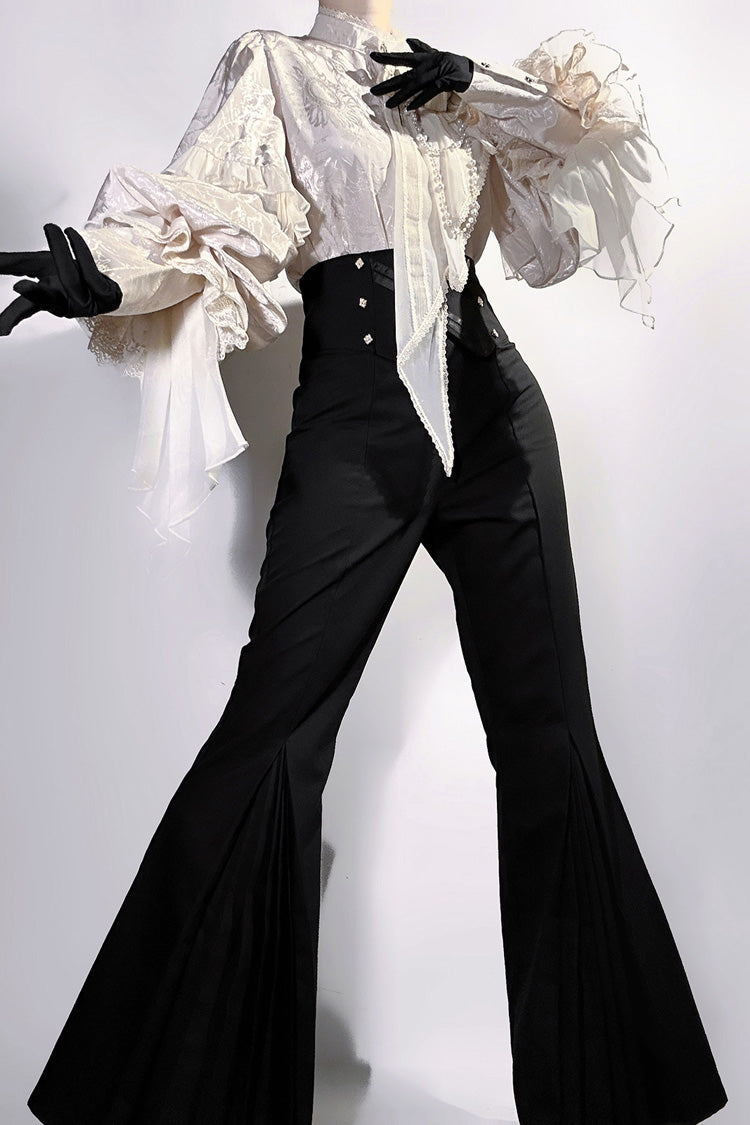 Black [The Rose and the Sword] Stand Collar Long Puff Sleeves Ruffled Embroidered Bow Classic Gothic Prince Ouji Lolita Pants Set - Product - 10