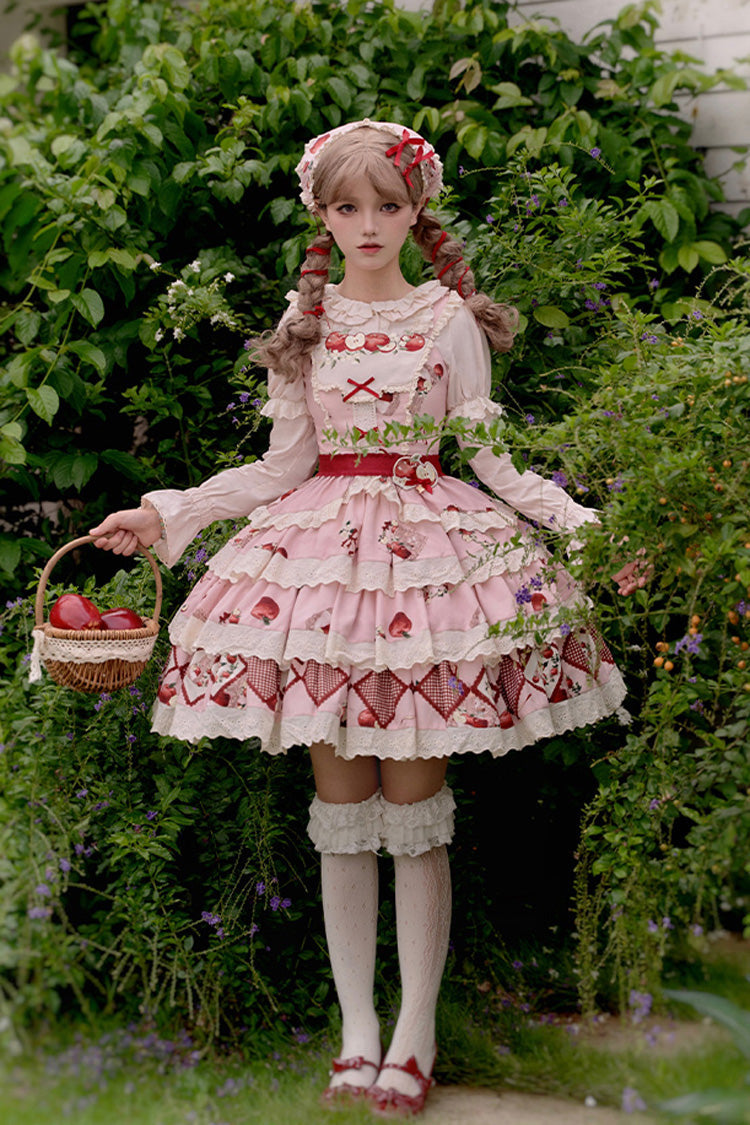 Pink Triple-Layered [Apple Orchard] Print Ruffle Embroidery Sweet Lolita Short Skirt - Product - 2