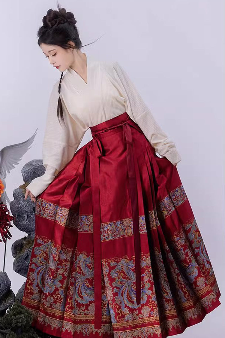 Red Chinese Style Print High Waisted Womens Hanfu Skirt - Product - 5