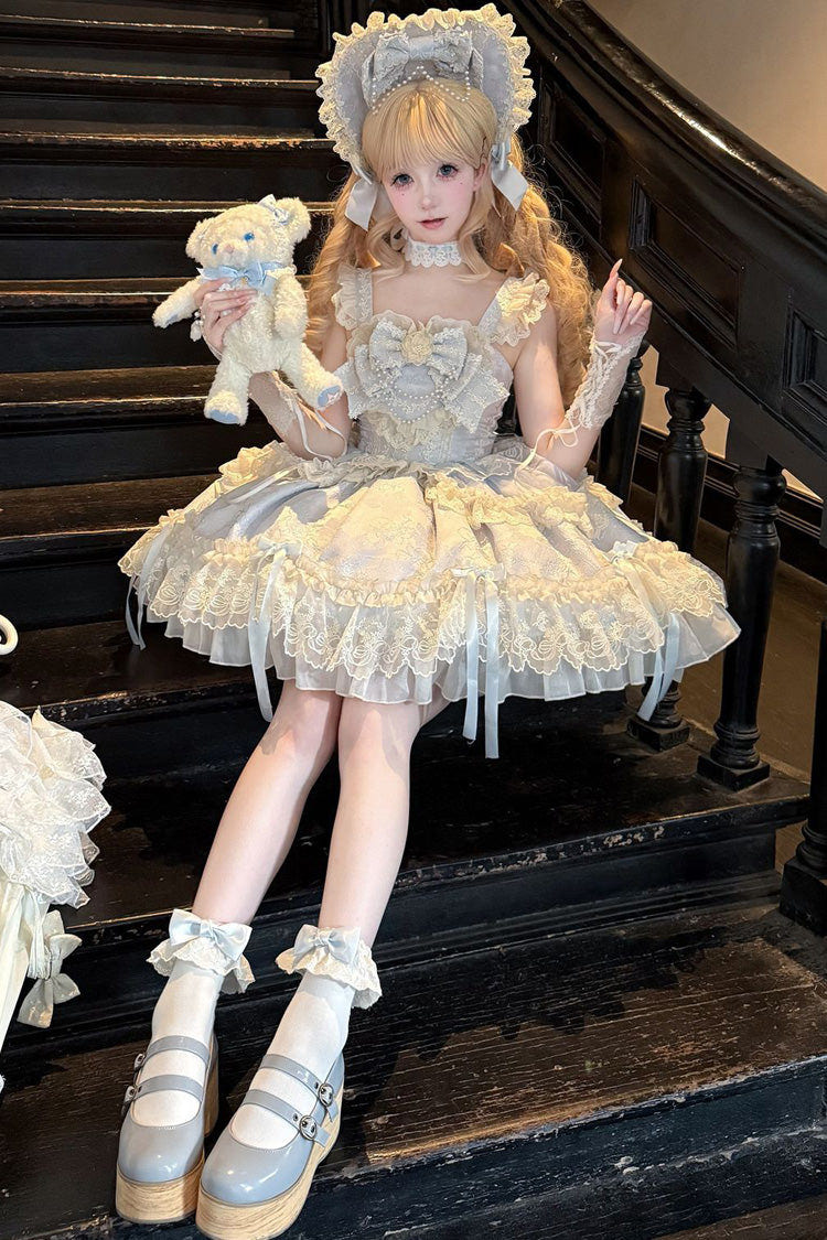 Blue [Blossoming Heart Love ] Sleeveless Dark Jacquard Print Bowknot Lace Sweet Lolita Jsk Dress - Product - 6