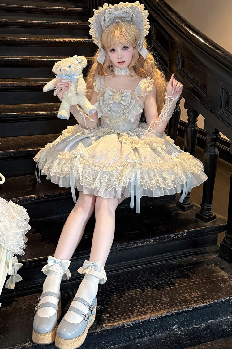 Blue [Blossoming Heart Love ] Sleeveless Dark Jacquard Print Bowknot Lace Sweet Lolita Jsk Dress - Product - 6