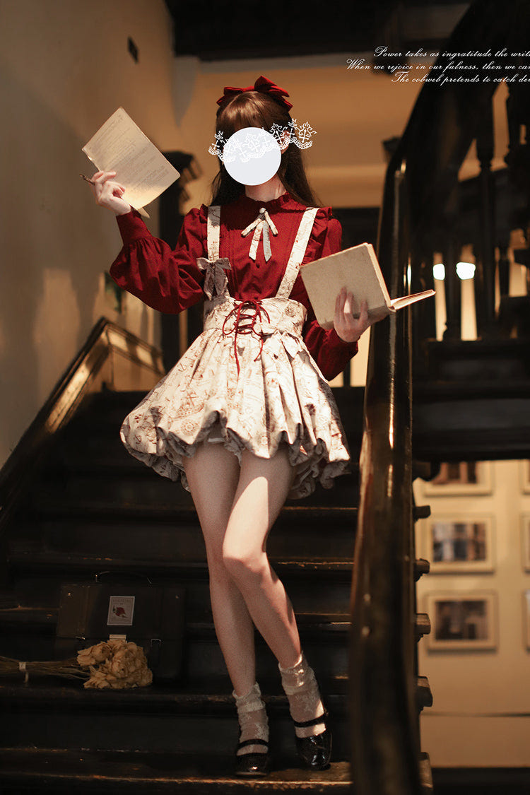 Grey [Elise] Print Ruffle Lace-Up Sweet Lolita Skirt - Product - 5