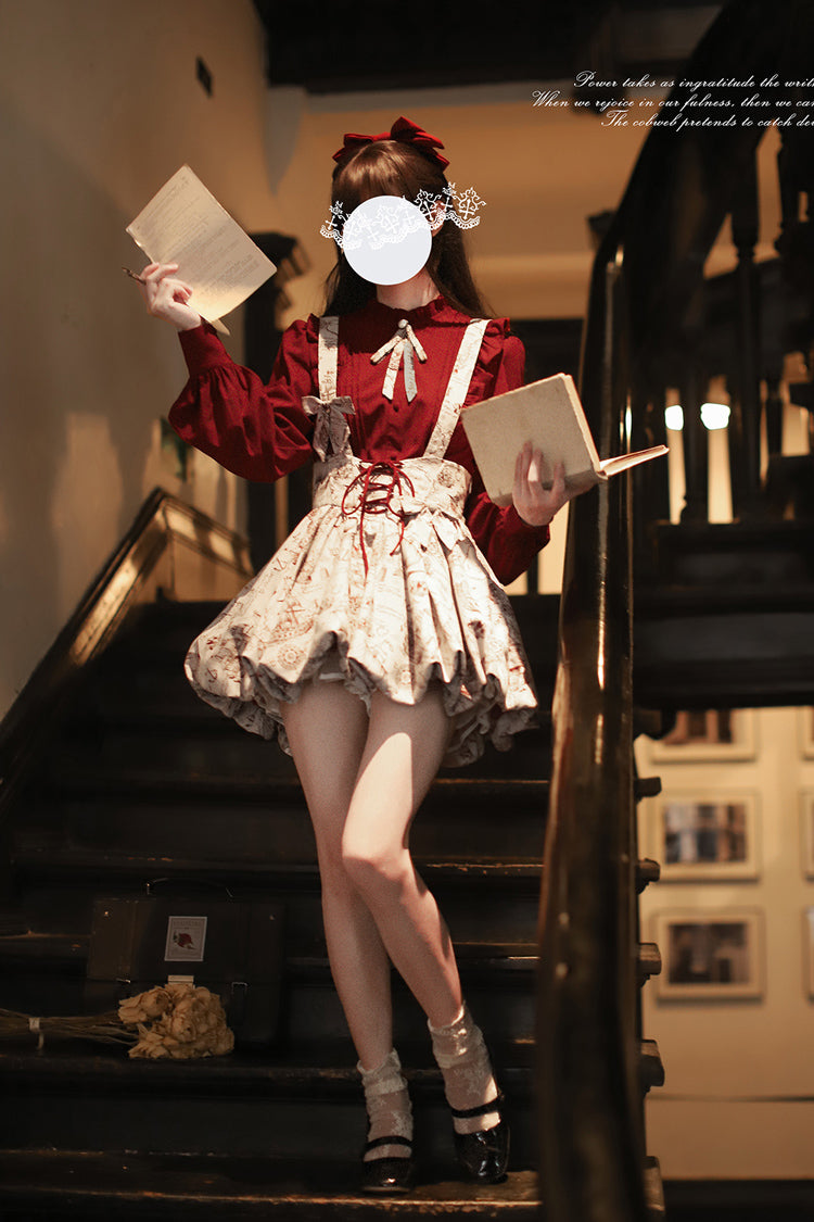 Grey [Elise] Print Ruffle Lace-Up Sweet Lolita Skirt - Product - 5
