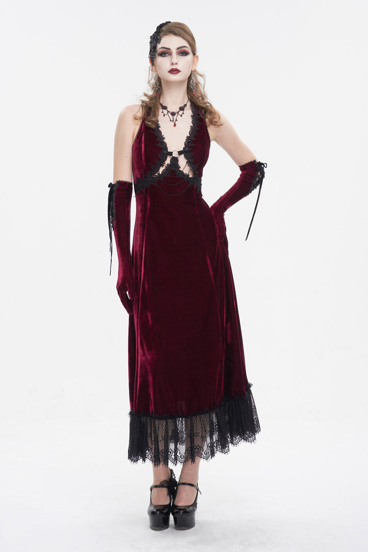 Red Lace Up Lace Hem Slip Long Women's Gothic Dress - Product - 2