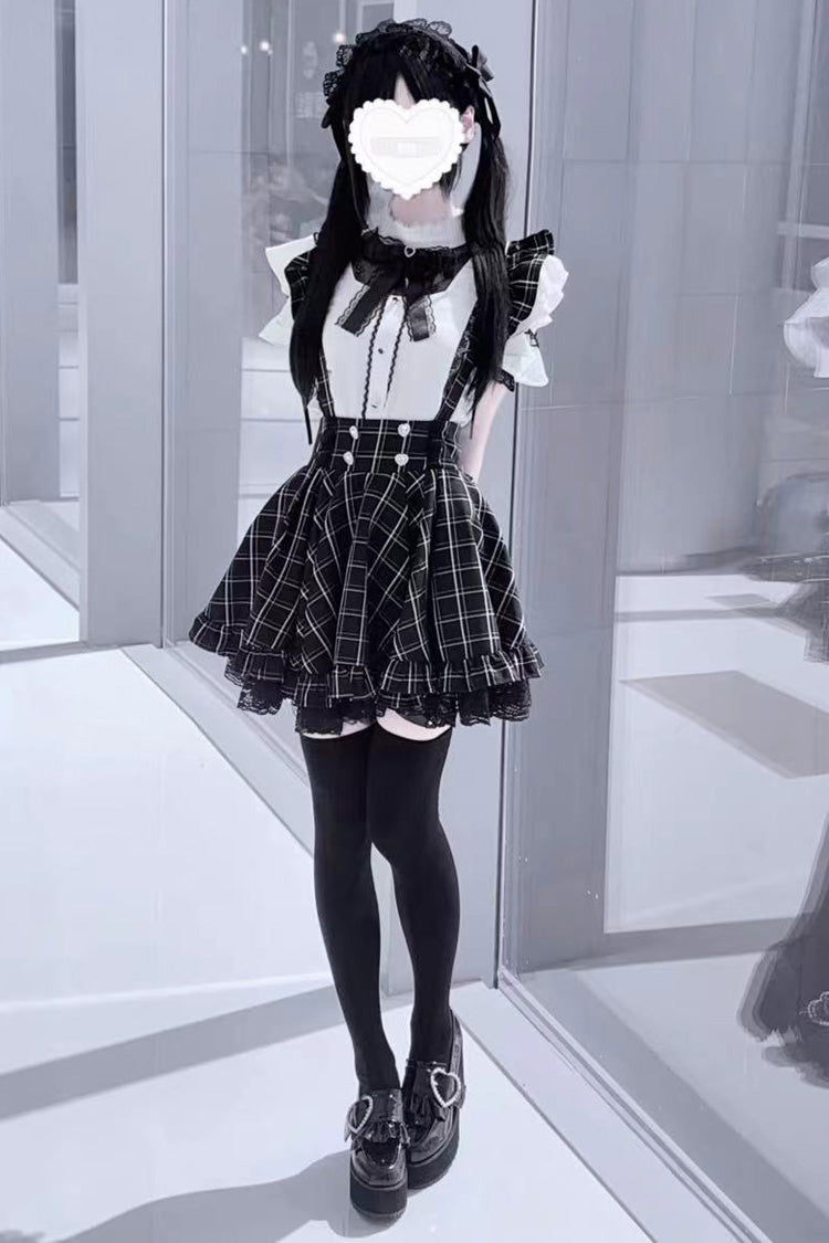 Black Plaid Print Ruffle Lace Jirai Kei Japanese Strap Dress - Product - 2