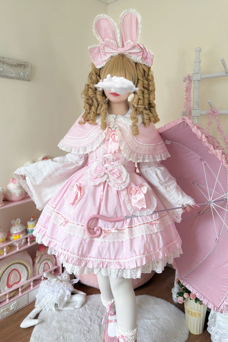 Pink [Bobo Bunny Doll] Ruffled Bow Lace-Up Sweet Lolita Jsk Dress - Pink - 1