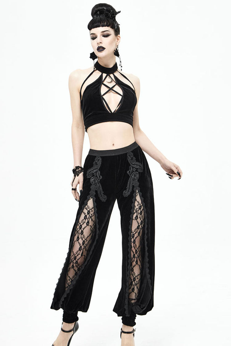 Black Gothic Front Decals Split Splice Mesh Velvet Women's Pants - Product - 7