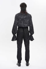 Black Stand Collar Long Trumpet Sleeves Printed Bow Lace Pearl-Decorated Men's Gothic Gorgeous Shirt - Product - 4