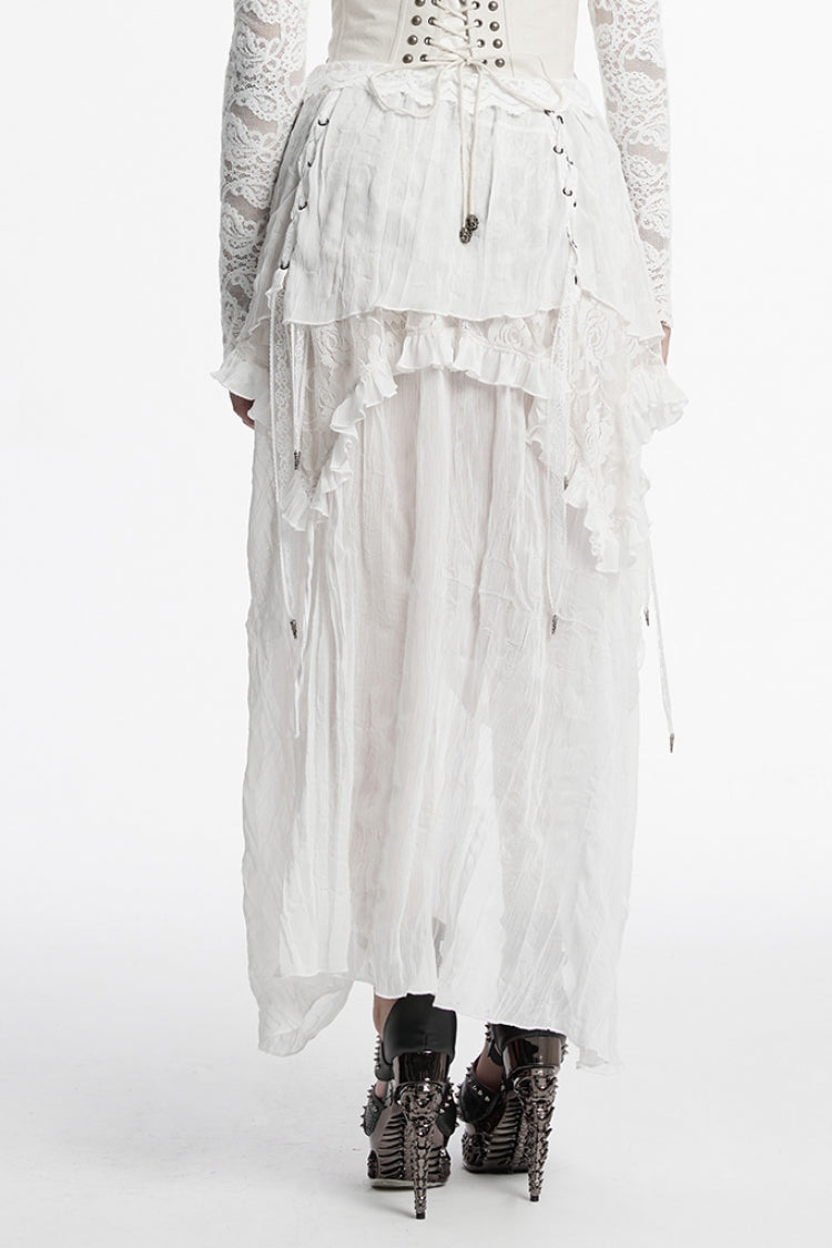 White Ruffle Stitching Lace Lace-Up High/low Women's Gothic Skirt - Product - 3