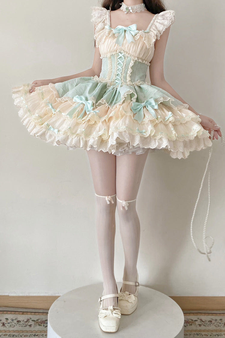 Green [Flory Butterfly] Double-Layered Ruffle Bowknot Lace Lace-Up Sweet Ballet Lolita Jsk Dress - Product - 2